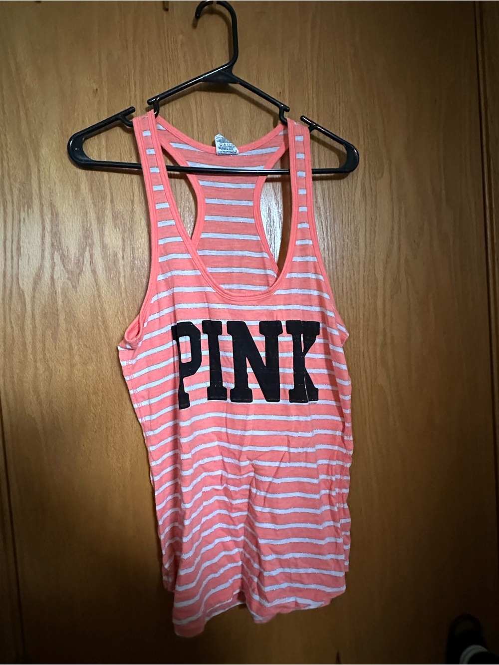 PINK Victoria's Secret Coral and White Striped Racerback Tank Top
